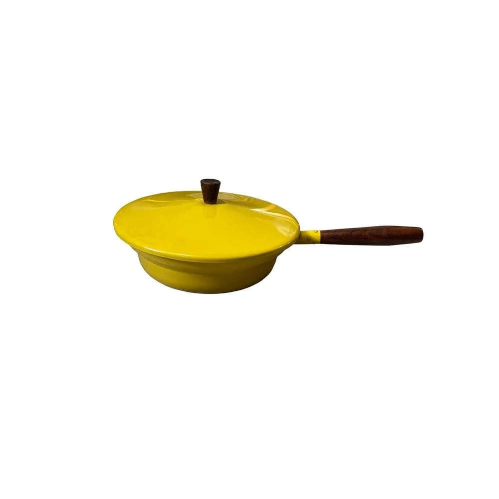 Vintage MCM Yellow Aluminum Skillet with Lid Wood Handle Retro 8 inch Pan
